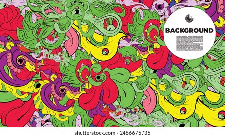 Colorful Abstract background with various monster characters. creepy doodle art with multiple colors. design is suitable for template, creative background, banner, cover, poster. 