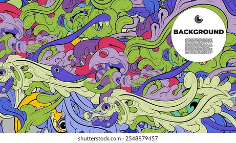 Fondo Abstractas colorido con varios personajes de monstruos. arte de doodle espeluznante con múltiples colores. diseño es adecuado para la Plantilla, fondo creativo, Anuncio, cubierta, cartel