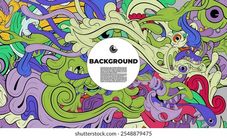 Fondo Abstractas colorido con varios personajes de monstruos. arte de doodle espeluznante con múltiples colores. diseño es adecuado para la Plantilla, fondo creativo, Anuncio, cubierta, cartel