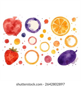 Colorful abstract background with watercolor fruit illustrations like strawberries, oranges, and plums, plus vibrant dots and rings. Ideal for design, art, and playful projects.