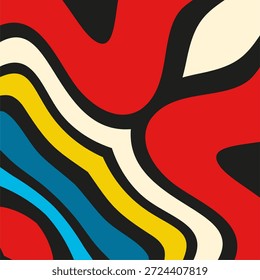 Colorful abstract background with wavy lines in red, blue, yellow, and cream hues