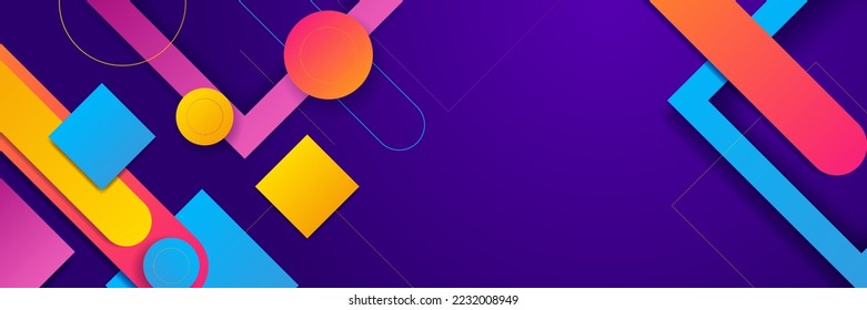 Colorful abstract background wide banner design template. Colorful tech web banner with geometric shapes backdrop and gradient colors. Vector illustration for presentation background, web header