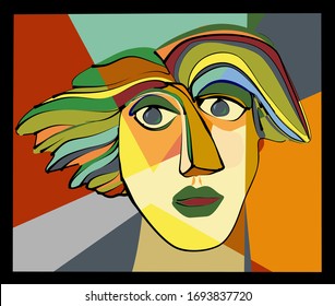 Colorful abstract background,cubism art style , head with hair in the wind