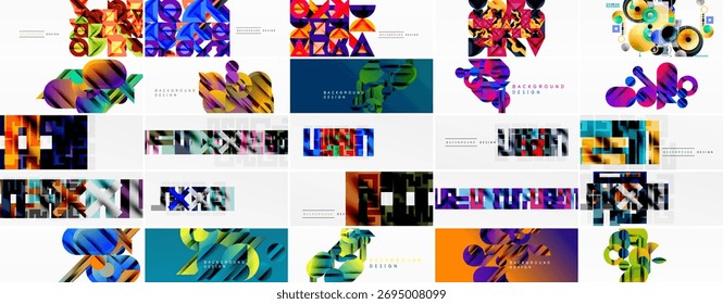 Colorful abstract backgrounds, geometric shapes, vibrant designs. Modern patterns suitable for digital projects, presentations.
