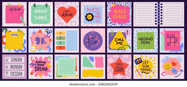 Colorful abstract backgrounds with grunge textures, hand drawn patterns. Stickers, quote boxes, place for text, torn cut papers. Cute cartoon style. Cool funny design elements. Speech bubbles. Vector 