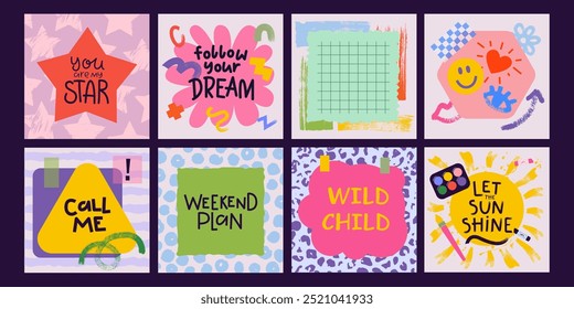 Colorful abstract backgrounds with grunge textures, hand drawn patterns. Stickers, quote boxes, place for text, torn cut papers. Cute cartoon style. Cool funny design elements. Speech bubbles. Vector 