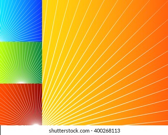 Colorful abstract backgrounds with radial lines. Radiating, bursting shapes over bright, vibrant backdrops. Set of 4 color and version.