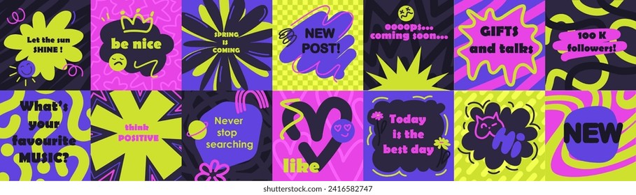 Colorful abstract backgrounds with retro shapes. Groovy  design in trendy  90s cartoon style. Psychedelic, acid clors, design elements, stickers. Speech bubbles. Place for text, quote.