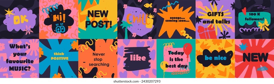 Colorful abstract backgrounds with retro shapes. Groovy  design in trendy  90s cartoon style. Psychedelic, acid clors, design elements, stickers. Speech bubbles. Place for text, quote.