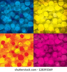 Colorful abstract backgrounds set with round objects (geometrical). Figures (pink, yellow, purple, blue). Modern composition (collection)