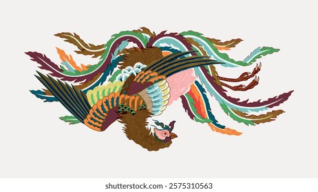 Colorful abstract bird illustration with vibrant feathers. The bird's feathers are colorful, with intricate patterns. Abstract bird art with colorful feathers. Isolated vintage vector element.