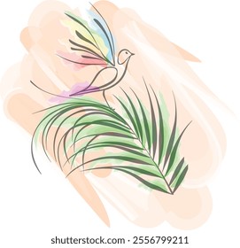 Colorful Abstract Bird Perched on Tropical Palm Branch tree Watercolor Illustration