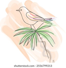 Colorful Abstract Bird Perched on Tropical Palm Branch tree Watercolor Illustration