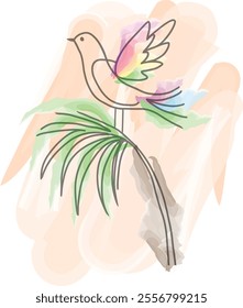 Colorful Abstract Bird Perched on Tropical Palm Branch tree Watercolor Illustration