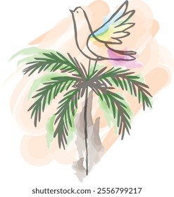 Colorful Abstract Bird Perched on Tropical Palm Branch tree Watercolor Illustration