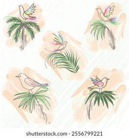 Colorful Abstract Bird Perched on Tropical Palm Branch tree Watercolor Illustration