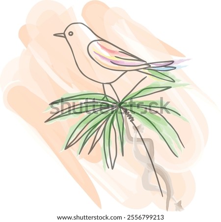 Colorful Abstract Bird Perched on Tropical Palm Branch tree Watercolor Illustration