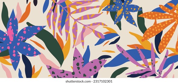 Las formas botánicas abstractas y coloridas son un patrón de fondo sin fisuras. Recortes aleatorios de hojas tropicales, flores exóticas y plantas. Decoración moderna ilustración vectorial de arte.  Diseño de papel tapiz