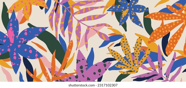 Colorful abstract botanical shapes seamless background pattern. Random cutouts of tropical leaves, exotic flowers and plants. Modern decor art vector illustration.  Cute wallpaper design