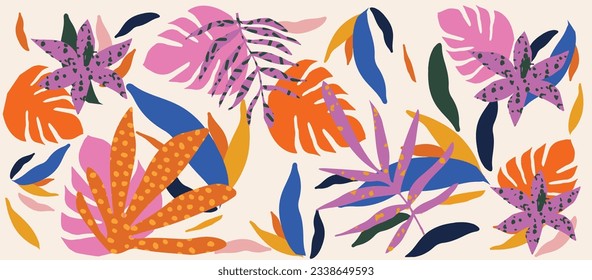 Colorful abstract botanical shapes seamless pattern background. Random cutouts of tropical leaves, exotic flowers and plants. Modern decor art-vector illustration. Cute wallpaper design	