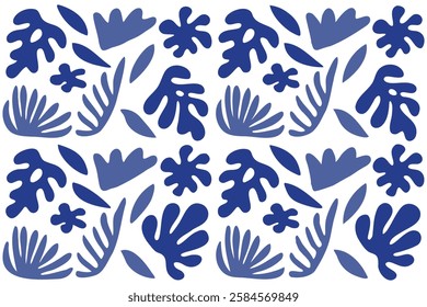 Colorful abstract botanical shapes in vibrant blue and white background
