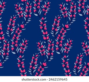 Colorful abstract branches with flowers buds and tiny leaves intertwined in a seamless pattern. Vector hand drawn illustration. Creative stylized wild floral stems printing on a blue background.