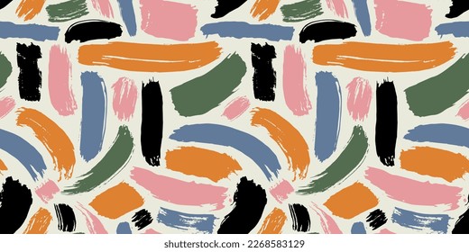 Colorful abstract brush stroke painting seamless pattern illustration. Modern paint line background in fun summer color. Messy graffiti sketch wallpaper print, freehand rough hand drawn texture.