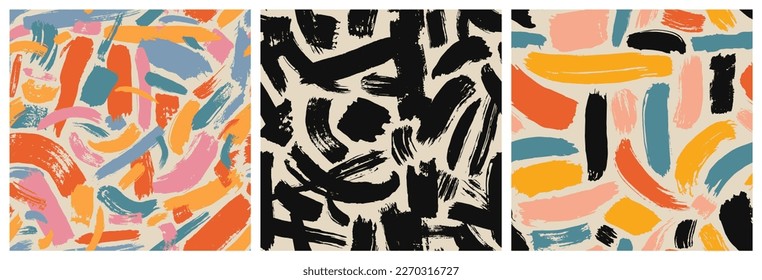 Colorful abstract brush stroke painting seamless pattern illustration. Modern paint line background in fun summer color. Messy graffiti sketch wallpaper print, freehand rough hand drawn texture.