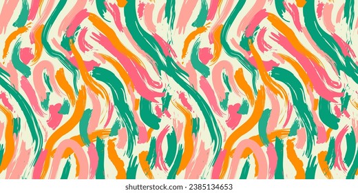 Colorful abstract brush stroke painting seamless pattern illustration. Modern paint line background in fun summer color. Messy graffiti sketch wallpaper print, freehand rough hand drawn texture.