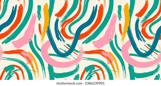 Colorful abstract brush stroke painting seamless pattern illustration. Modern paint line background in fun color. Messy graffiti sketch wallpaper print, freehand rough hand drawn texture.