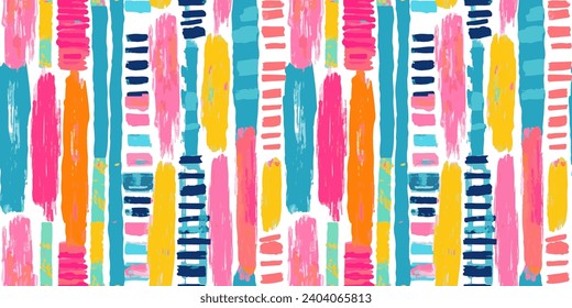 Colorful abstract brush stroke painting seamless pattern illustration. Modern paint line background in fun summer color. Messy graffiti sketch wallpaper print, freehand rough hand drawn texture.