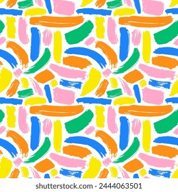 Colorful abstract brush stroke painting seamless pattern illustration. Modern paint line background in fun summer color. Messy graffiti sketch wallpaper print, freehand rough hand drawn texture.