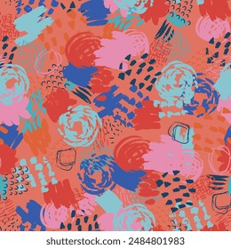 Colorful abstract brush stroke seamless pattern illustration. Modern paint line background. Messy sketch wallpaper print, freehand rough hand drawn texture.