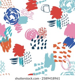 Colorful abstract brush stroke seamless pattern illustration. Modern paint line background. Messy wallpaper print, freehand rough hand drawn texture.
