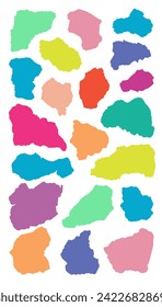 Colorful abstract brush strokes or torn paper pieces set with assorted shapes in blue, green, yellow, pink, purple, orange, and red. Ideal for vibrant backgrounds and creative design elements