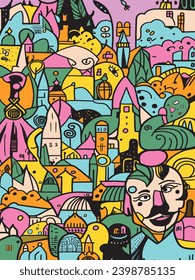 colorful abstract building and human face