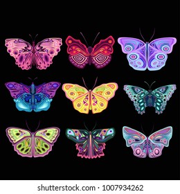 Colorful abstract butterflies set on black background, vector isolated objects, art , patch, cover, card
