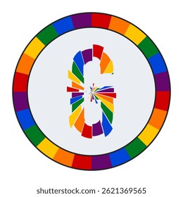 Letra maiúscula abstrata colorida G em plano de fundo branco com design de círculo de fragmento arco-íris, fechada em uma moldura preta