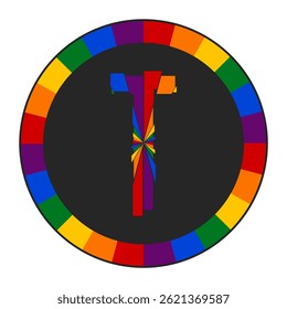 Letra maiúscula T colorida com desenho de círculo de fragmento arco-íris, fechada em uma moldura preta
