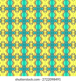 Patrón abstracto colorido de la historieta con las Formas amarillas y turquesas, textura de fondo repetitiva juguetona con el estilo caprichoso de la ilustración para el diseño creativo.