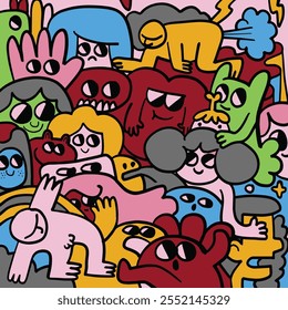 Colorful abstract characters in playful chaos. Cute hand drawn doodles , Illustration Vector