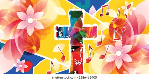  Colorful Abstract Christian Worship Illustration with Cross, Music Notes and Flowers