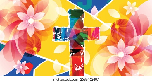  Colorful Abstract Christian Worship Illustration with Cross and Flowers