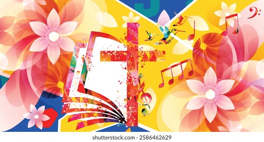 Colorful Abstract Christian Worship Illustration with Cross, Music Notes, Flowers and Hummingbirds