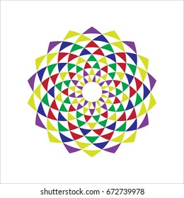 Colorful abstract circle design element with triangle pattern. Decorative circle background. Digital flower emblem. Vector illustration.