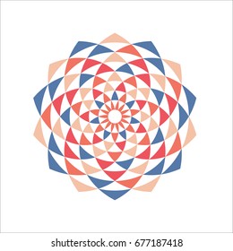Colorful abstract circle design element with triangle pattern. Decorative circle background. Digital flower emblem. Vector illustration.