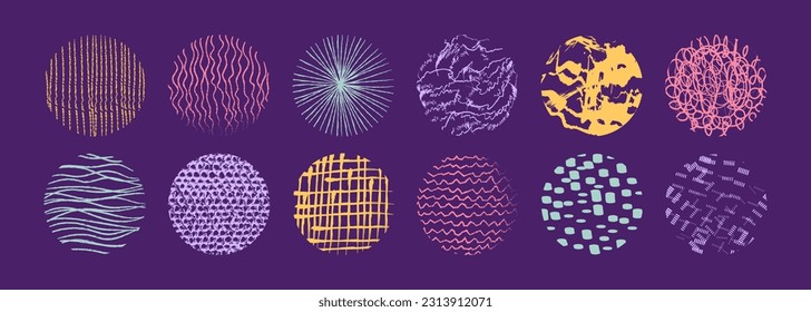 Colorful abstract circle shapes with loop, drops, spots, curves in trendy retro style. Hand drawn doodle elements. Design elements for social media posts, digital marketing, sales promotion.