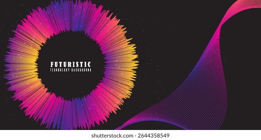 Círculo abstrato colorido e linhas de onda no fundo escuro, design digital futurista vibrante.