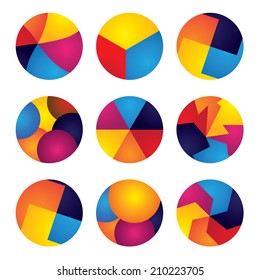 colorful abstract circles vector icons of design elements. This graphic contains orange, yellow, red, blue colors in vibrant combinations