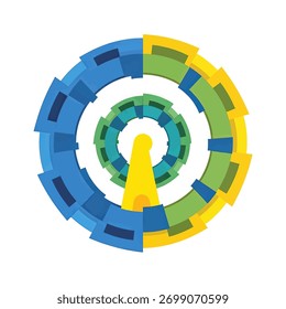 Um design circular abstrato colorido com anéis concêntricos e elementos radiantes, lembrando uma roda estilizada ou um diagrama tecnológico.